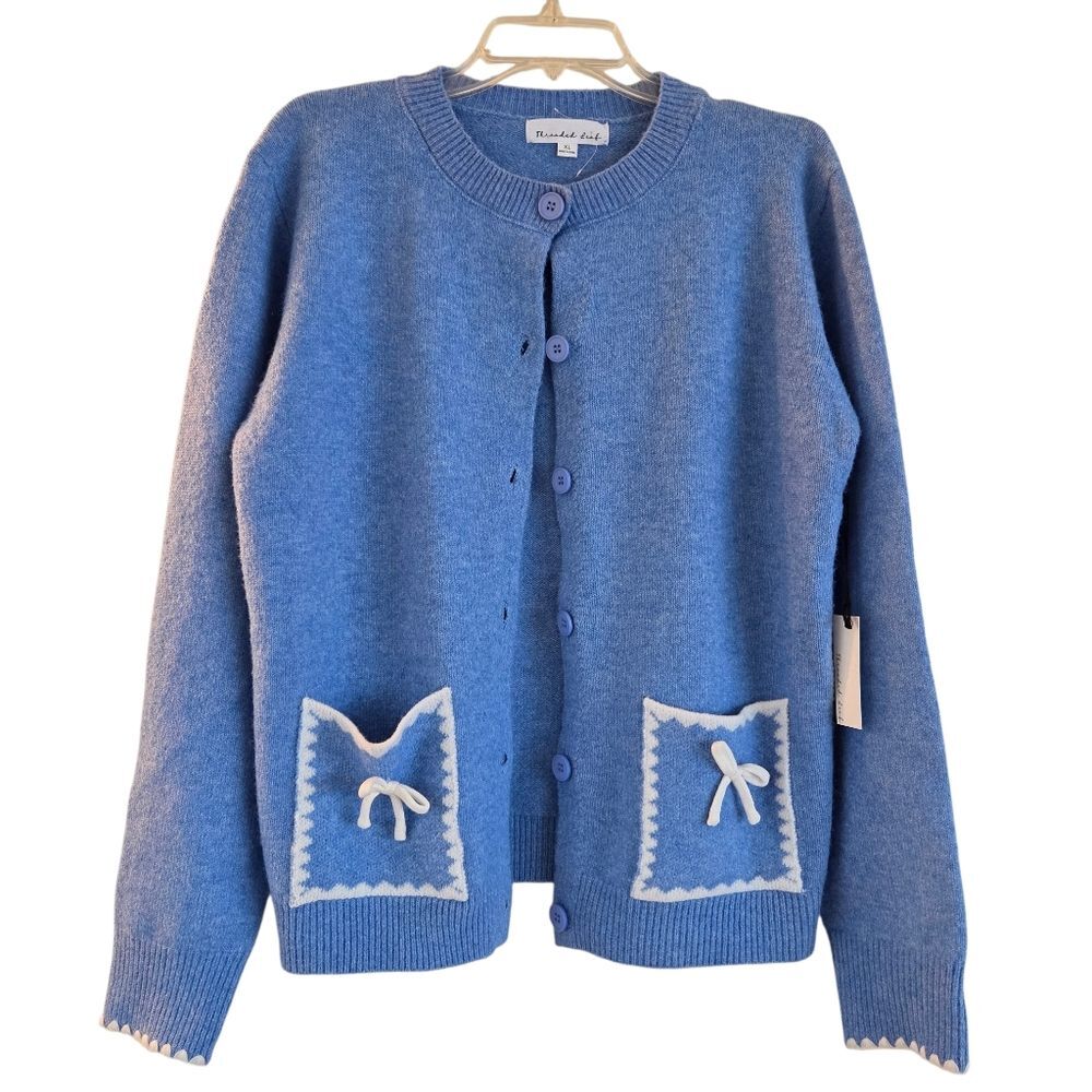 NWT Threaded Leaf Wool Blend Cardigan Blue Sweater Pockets Ribbons